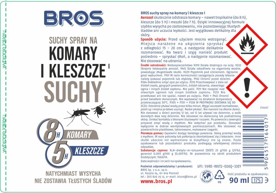 Spray na komary i kleszcze suchy 90 ml BROS