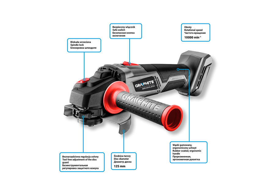 Szlifierka kątowa akumulatorowa Energy+ 18V, Li-Ion, tarcza 125mm, bez akumulatora GRAPHITE