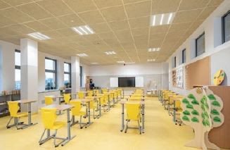 Панели предназначены для школьных залов и коридоров-они улучшают акустику и устойчивы к механическим повреждениям.