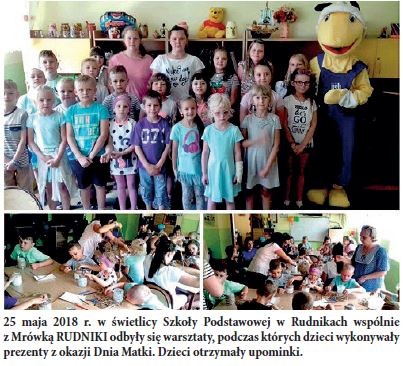 25 maja 2018 r. w świetlicy Szkoły Podstawowej w Rudnikach wspólnie z Mrówką RUDNIKI odbyły się warsztaty, podczas których dzieci wykonywały prezenty z okazji Dnia Matki. Dzieci otrzymały upominki.