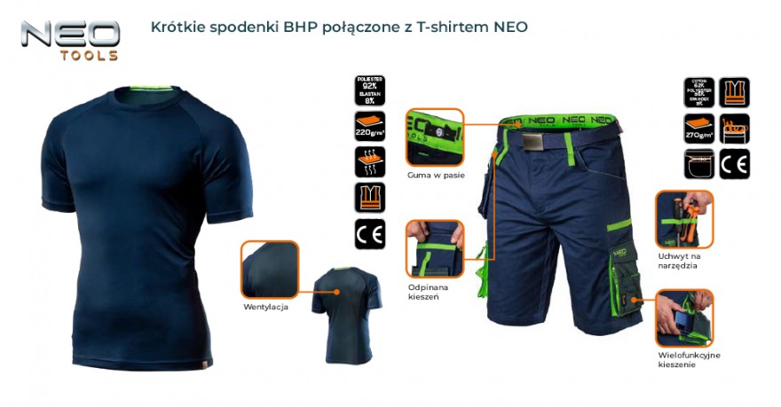 Krótkie spodenki BHP połączone z T-shirtem NEO idealnie sprawdzą się podczas pracy w letnie dni.