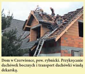 Dom w Czerwionce, pow. rybnicki. Przykręcanie dachówek bocznych i transport dachówki windą dekarską