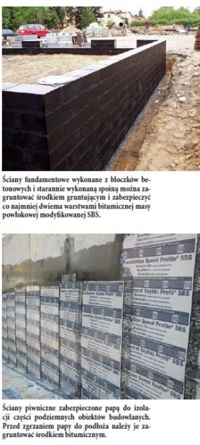 Ściany fundamentowe wykonane z bloczków betonowych i starannie wykonaną spoiną można zagruntować środkiem gruntującym i zabezpieczyć co najmniej dwiema warstwami bitumicznej masy powłokowej modyfikowanej SBS.