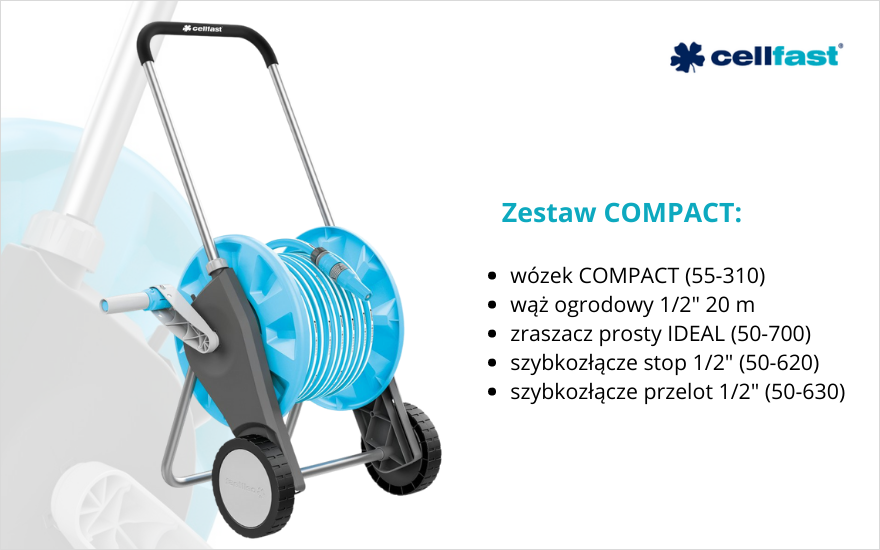 Zdj. 1. W skład zestawu COMPACT wchodzi wózek ogrodowy dwukołowy, wytrzymały i elastyczny wąż do podlewania, zraszacz ręczny i szybkozłącza. 