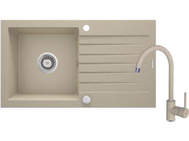 Zdjęcie: Zlewozmywak granitowy ZQZ 7113 piasek, bateria BEN 762M piasek, space saver DEANTE