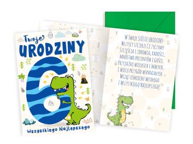Zdjęcie: Karnet PR-448 Urodziny 6 - cyferki, dinozaur KUKARTKA