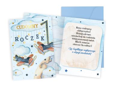 Zdjęcie: Karnet PR-427 Urodziny 1 - roczek, cyferki, samoloty KUKARTKA