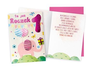 Zdjęcie: Karnet DK-719 Urodziny 1, roczek - cyferki, słonik KUKARTKA