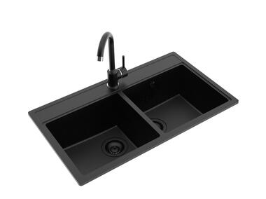 Zdjęcie: Zlewozmywak granitowy Metro 2-komorowy Lava Stone, 76x44x19 cm, czarny, syfon manualny MILÓ
