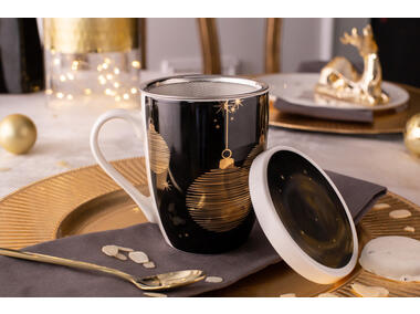 Zdjęcie: Kubek Golden Christmas z zaparzaczemi i pokrywką czarny ALTOMDESIGN