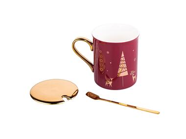 Zdjęcie: Kubek z pokrywką i łyżeczką 240 ml bordowy dekoracja Gold Tree Gift Box ALTOMDESIGN