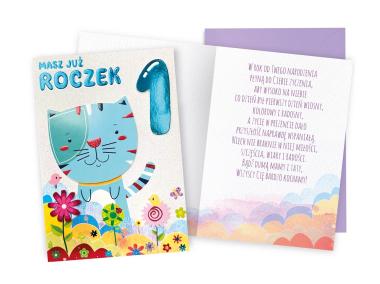 Zdjęcie: Karnet DK-714 Urodziny 1, roczek - cyferki, kotek KUKARTKA