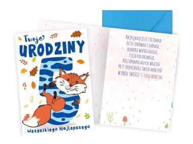 Zdjęcie: Karnet PR-446 Urodziny 5 - cyferki, lisek KUKARTKA