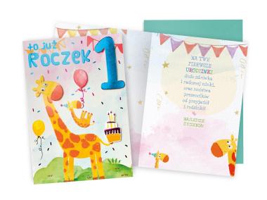 Zdjęcie: Karnet DK-718 Urodziny 1, roczek - cyferki, żyrafa KUKARTKA