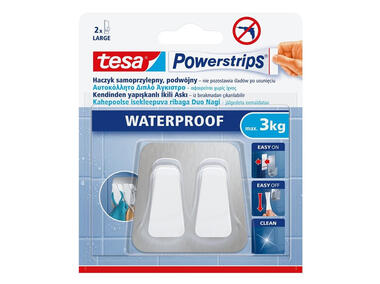 Zdjęcie: Haczyk samoprzylepny Powerstrips Waterproof podwójny, metal/biały, do 3 kg TESA