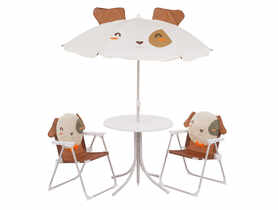 Komplet mebli ogrodowych Psiaczek 2 szt. krzeseł , stół, parasolka PATIO