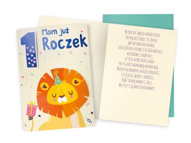 Zdjęcie: Karnet DK-856 Urodziny 1 - roczek, cyferki, lew KUKARTKA