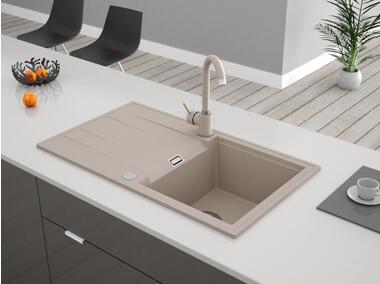 Zdjęcie: Zlewozmywak granitowy Fashion 1-komorowy z ociekaczem 78x50x21,5 cm piaskowy z baterią MILÓ