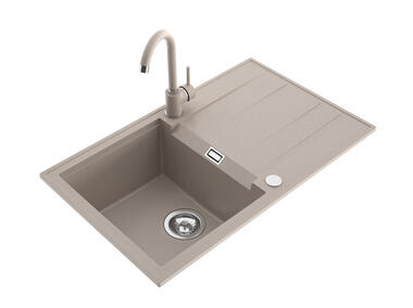 Zdjęcie: Zlewozmywak granitowy Fashion 1-komorowy z ociekaczem 78x50x21,5 cm piaskowy z baterią MILÓ