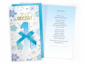 Karnet PM-267 1 Urodziny - roczek, cyferki, niebieskie kwiatki KUKARTKA