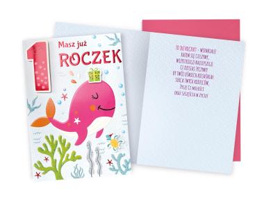 Zdjęcie: Karnet DK-857 Urodziny 1 - roczek, cyferki, wieloryb KUKARTKA
