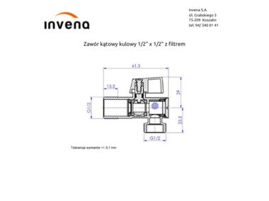 Zdjęcie: Zawór kątowy kulowy 1/2x1/2 z filtrem INVENA