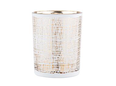 Świecznik szklany biały ze złotym wnętrzem 10x12,5 cm dekorowany Lniany Splot ALTOMDESIGN