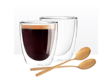 Zdjęcie: Szklanki termiczne Andrea 300 ml - 2 szt. + 2 łyżeczki złote ALTOMDESIGN