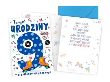 Zdjęcie: Karnet PR-454 Urodziny 9 - cyferki, wrotki KUKARTKA