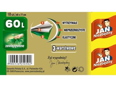 Zdjęcie: Worki na śmieci 3-warstwowe zawiązywane 60 L - 18 szt. JAN NIEZBĘDNY