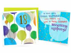 Karnet QR-012 Urodziny 18 - osiemnastka, cyfry, balony niebieskie KUKARTKA