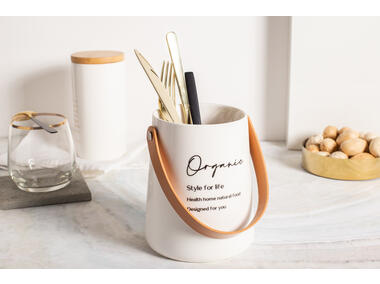 Zdjęcie: Naczynie porcelanowe Organic wysokie ze skórzaną rączką 12x14 cm ALTOMDESIGN