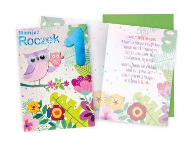 Zdjęcie: Karnet DK-715 Urodziny 1, roczek - cyferki, sówka KUKARTKA