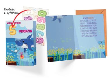 Zdjęcie: Karnet DK-713 Urodziny dziecięce - rekin, wymienne cyferki KUKARTKA