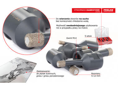 Zdjęcie: Zestaw otwornic diamentowych 5-12 mm - 5 szt., M14, PROLINE