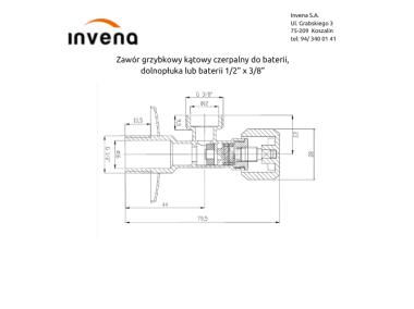 Zdjęcie: Zawór grzybkowy kątowy do baterii, dolnopłuka lub pralki 1/2x3/8 INVENA