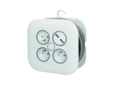 Zdjęcie: Przedłużacz zwijany z 3-krotnym gniazdem + 2xUSB, płaska wtyczka, 7 m ORNO