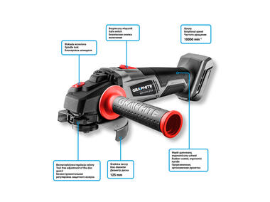 Zdjęcie: Szlifierka kątowa akumulatorowa Energy+ 18V, Li-Ion, tarcza 125mm, bez akumulatora GRAPHITE