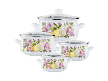 Zdjęcie: Komplet garnków emaliowanych 8 szt. z pokrywką szklaną 16-22 cm Klara dekoracja Lemon SILESIA